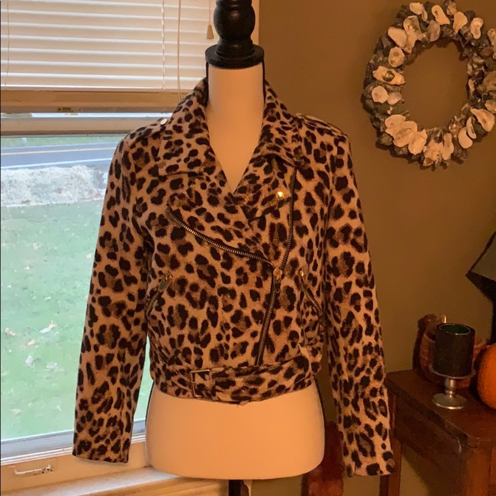 Zara Leopard-Print Faux Leather Moto Jacket - beige, black